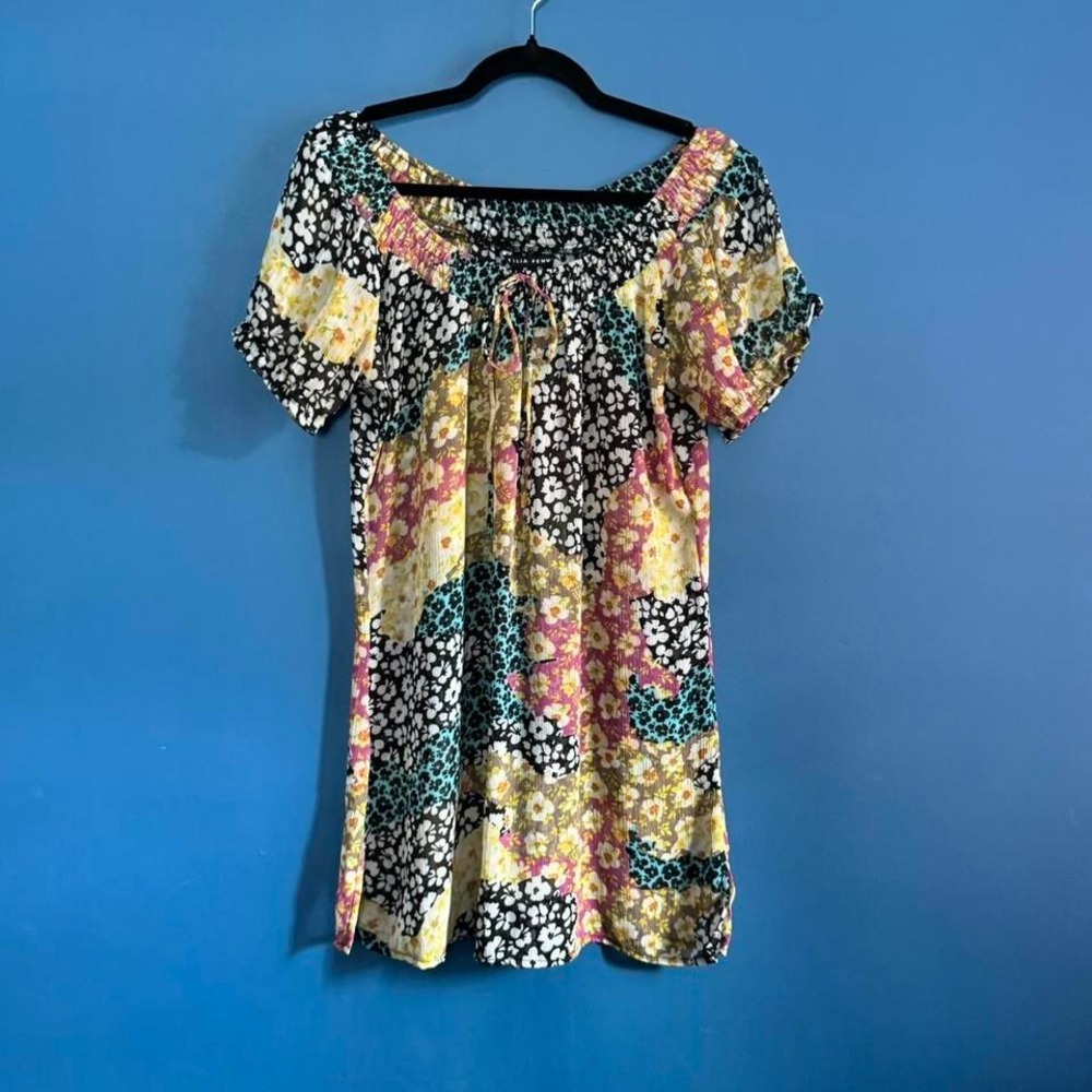 Y2K Sheer Dress‎ Women's Size Medium Floral Antilia Femme Puff Sleeves Babydoll